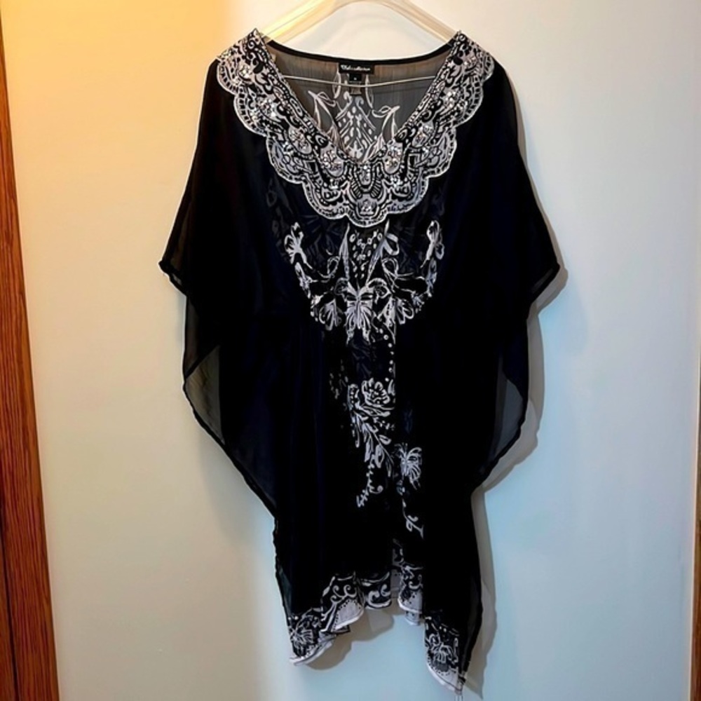 Medium black, white and bling, sheer shirt/beach cover-up